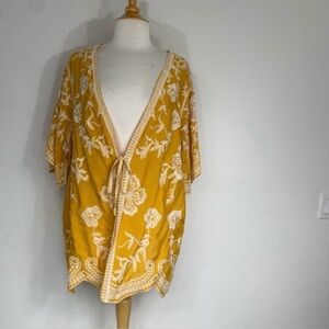 NWT New Kindred Womens Mustard White Floral Embroidered Rayon Kimono 1X Bohemian